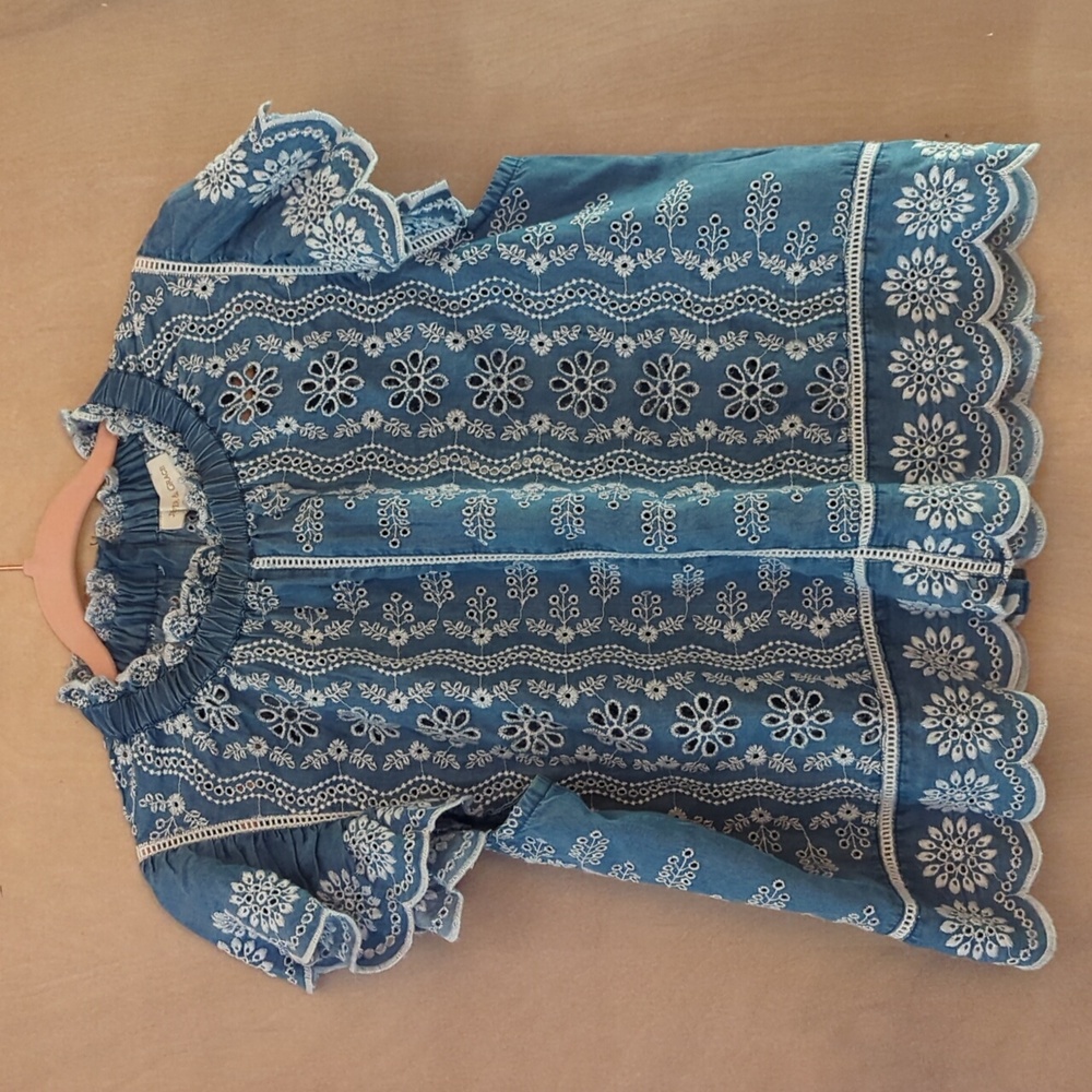 Adorable And Intricate Embroidered Denim Look Women's Top NWT Size L 22" Length